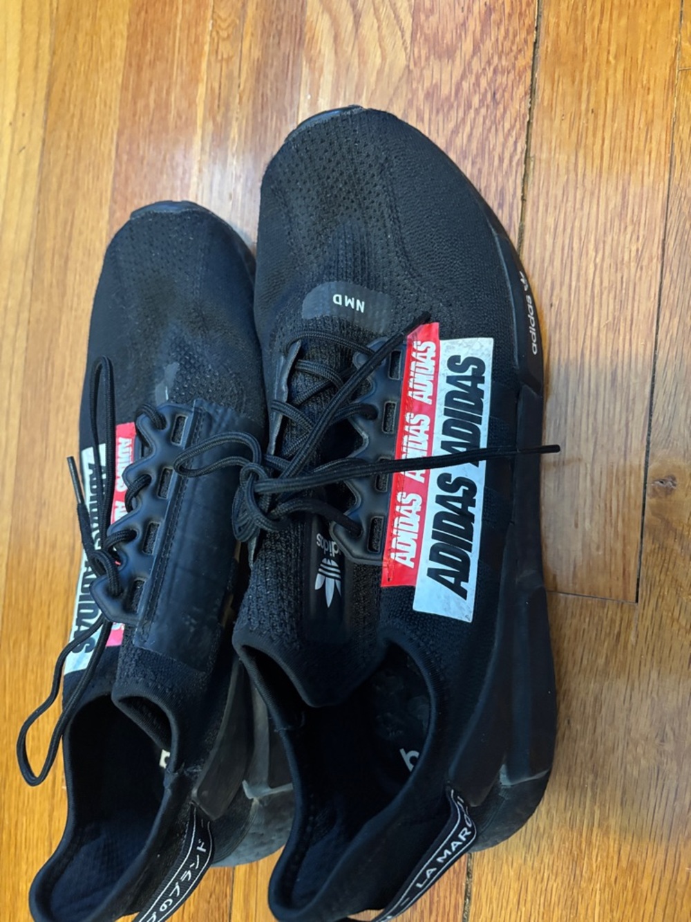 ADIDAS barely worn  Black Athletic Lace-Up Sneakers with Red & White Logo Panels